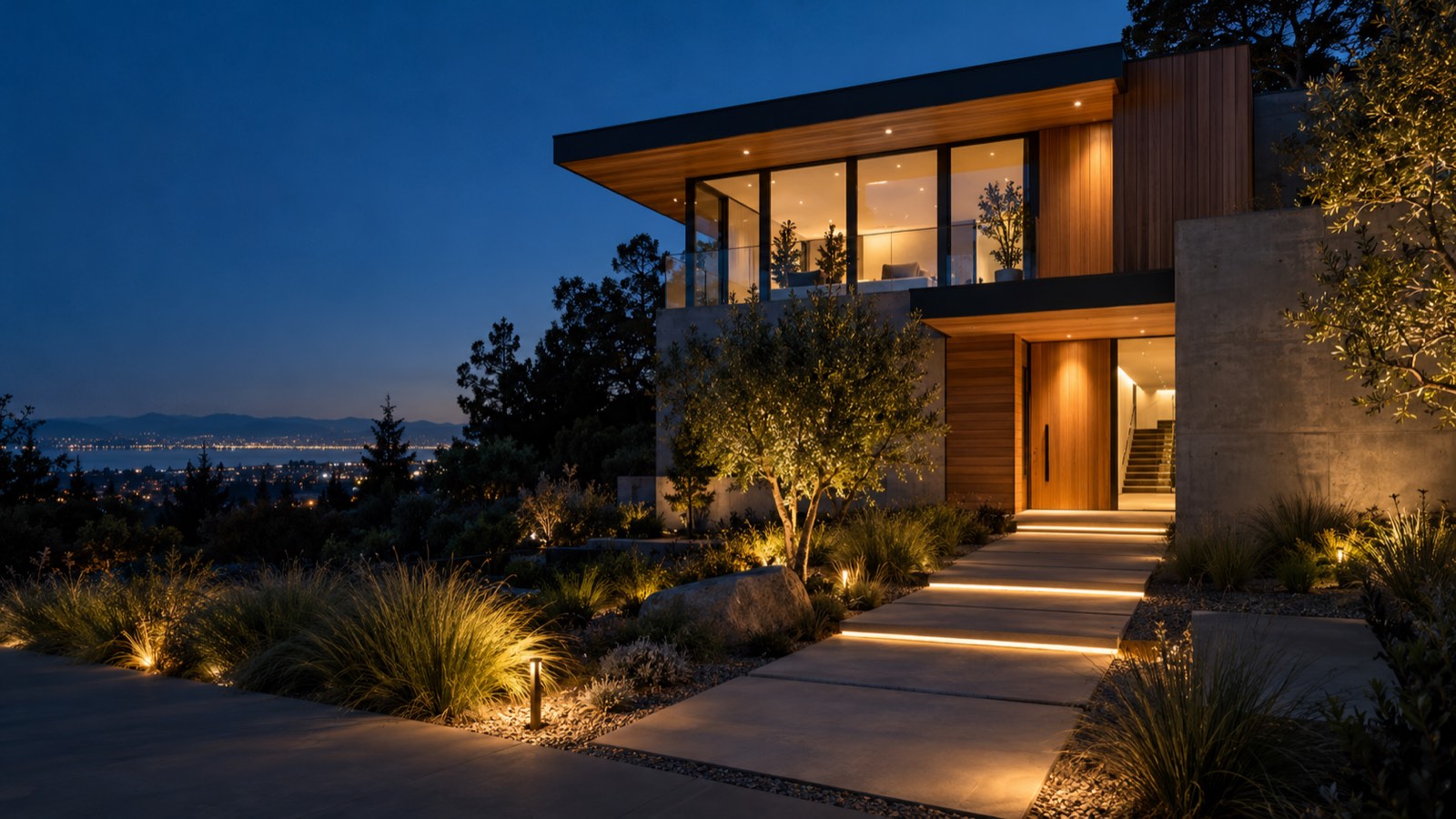 Modern home with warm architectural lighting at dusk